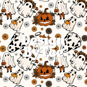Nahtloser Teufel, Moo, Howdy und süßer Geist mit Herbst-Gänseblümchen-Muster für Halloween-Stoffdruck-Sublimation