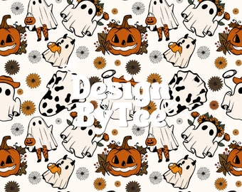 Seamless Devil, Moo, Howdy and Cute Ghost with Fall Daisy Pattern for Halloween Fabric Printing Sublimation