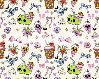 Summerween Seamless Pattern: Creepy Skull Bows, Pastel Fabric (Instant Download)