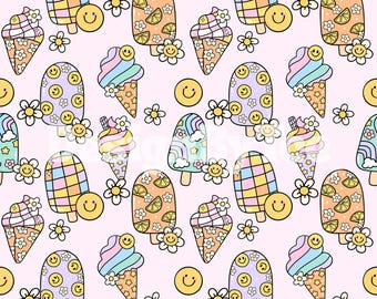 Pink Groovy Ice Cream Seamless Pattern: Happy Face Fabric Print (Digital Download)