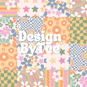 Op de afbeelding: Een digitale collage van negen verschillende retro-patronen in pastelkleuren. De patronen omvatten bloemen, sterren, geruite ontwerpen en golvende lijnen. De tekst "Design By Tce" staat in het midden van de afbeelding.