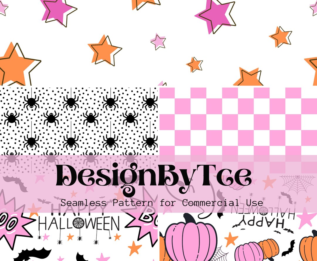 Cute Pumpkin With Pink Ghost Halloween Seamless Pattern Bundle Files ...
