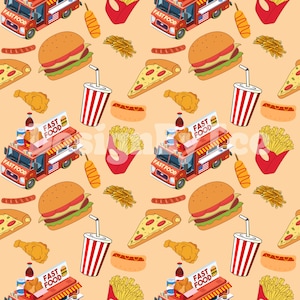 Fast Food Pizza, Wurst, Cola, Hamburger, Kartoffel Nahtlose Musterdateien für Weihnachten Stoffdruck Sublimation Benutzerdefinierte Stoffdesigndatei