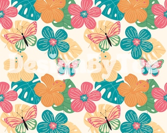 Tropical Flower Butterfly Seamless Pattern: Fabric Printing Design (Digital File)