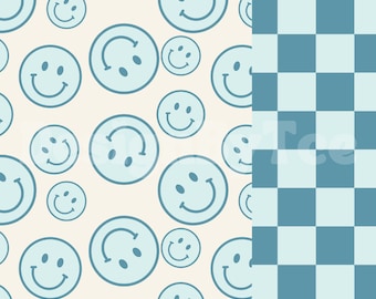 Baby Blue Happy Face with Checkered Match Seamless Digital Pattern Files for Fabric Printing Sublimation Custom Fabric Design File