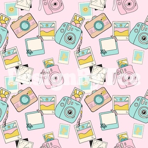 May include: A seamless pattern featuring a variety of cameras and instant film photos on a pink background. The cameras are in various colors, including pink, blue, and beige. The photos feature a variety of scenes, including landscapes, sunsets, and smiley faces.