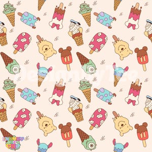 May include: A repeating pattern of cartoon ice cream treats on a light beige background. The design includes ice cream cones with green aliens, popsicles with polka dots, and character-shaped ice cream bars in various colors.