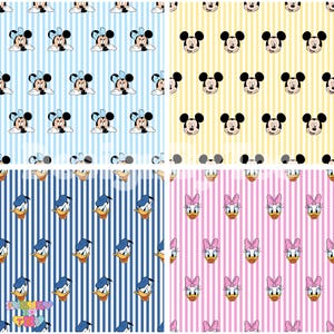 Op de afbeelding: Vier stoffen met Disney-personages. Eén stof heeft Mickey Mouse-gezichten op een gele achtergrond. Een andere heeft Mickey Mouse en Minnie Mouse op een blauwe achtergrond. Donald Duck staat op een blauw gestreepte achtergrond. Daisy Duck staat op een roze gestreepte achtergrond.