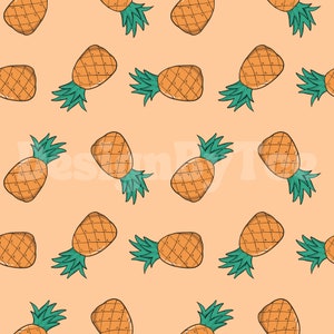 May include: A seamless pattern featuring a repeating design of yellow pineapples with green leaves on a peach background.