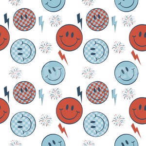 PATRIOTIC Checkered Happy Face Seamless Pattern Files for Fourth of July Fabric Printing Sublimation Fabric Design File
