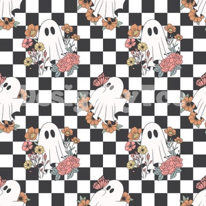 Floral Cute Ghost with Checkered Halloween Seamless Pattern Files for Fabric Printing Sublimation Custom Fabric Design File