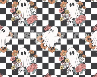 Floral Cute Ghost with Checkered Halloween Seamless Pattern Files for Fabric Printing Sublimation Custom Fabric Design File