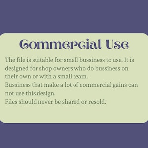 May include: A green and white text box with the words "Commercial Use" in a decorative font. The text explains that the file is suitable for small businesses to use, but not for businesses that make a lot of commercial gains. It also states that the file should never be shared or resold.