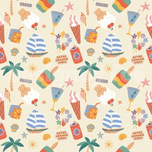 May include: A seamless pattern featuring a variety of summer-themed illustrations, including ice cream cones, palm trees, sailboats, cocktails, and a can of soda. The background is a light yellow colour, and the illustrations are in a variety of bright colours, including red, blue, green, and yellow. The text "FRESH" and "RETRO SUMMER VIBES" appears in the pattern.