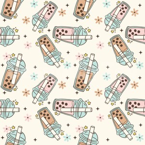 May include: A seamless pattern featuring a variety of bubble tea cups with different coloured drinks and toppings. The cups are surrounded by small pink, blue and brown flowers and yellow stars.