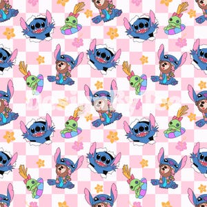 Schattige blauwe monster girly zomer geruite naadloze patroonbestanden, zomer cartoon kawaii monster digitaal patroon, stofontwerp op maat