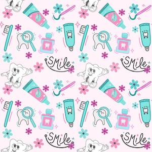 Dentista divertido con archivo de patrón sin costuras de flores, archivo de diseño de tela personalizado de sublimación de impresión de tela de pasta de dientes