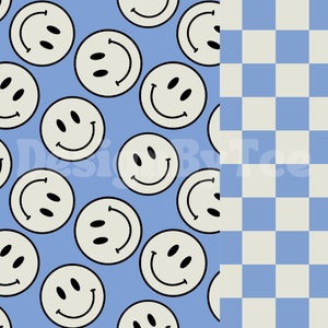 May include: A seamless pattern of white smiley faces on a light blue background. The smiley faces have black outlines and eyes. The pattern is repeated on the left side of the image. The right side of the image is a checkerboard pattern of white and light blue squares.