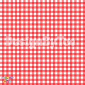 May include: A digitally created red and white gingham pattern. The design features a classic checkered arrangement of red and white squares, creating a repeating pattern. The text "DesignByTee" is overlaid on the image.