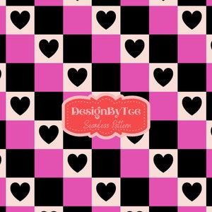Heart Groovy Textures Pink and Black Checkered Valentines Day Seamless Pattern Files for Fabric Printing Sublimation Custom Fabric Design
