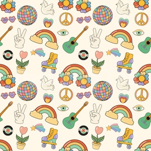 Retro Guitar Peace Hand Rainbow Flower y Skate Roller Archivos de patrones sin costuras para impresión por sublimación de tela Archivo de diseño de tela personalizado