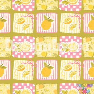 May include: A repeating pattern featuring yellow lemons and lemon slices, with green leaves, on a light yellow background. The lemons are set in pink and white checkered squares, and striped squares with pink bows.
