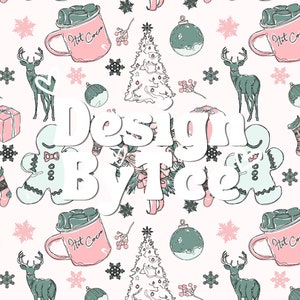 Hand Drawn Pink Christmas Seamless Pattern Files for Fabric Printing Sublimation Design File for Custom Fabric File