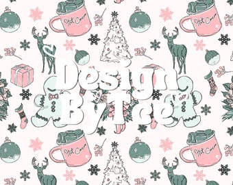 May include: A white background with a repeating pattern of Christmas-themed illustrations. The illustrations include a Christmas tree, a deer, a gingerbread man, a mug of hot cocoa, a snowflake, a Christmas ornament, and a gift box. The text "Design By Tee" is in the center of the image.