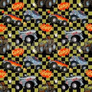 Archivos de patrones sin fisuras de Monster Truck Crash a cuadros para niños, sublimación de impresión de tela, archivo de diseño de tela personalizado