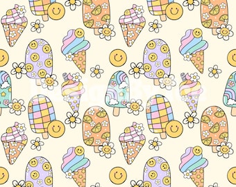 Groovy Happy Face Ice Cream Seamless Pattern: Summer Fabric Print (JPEG)