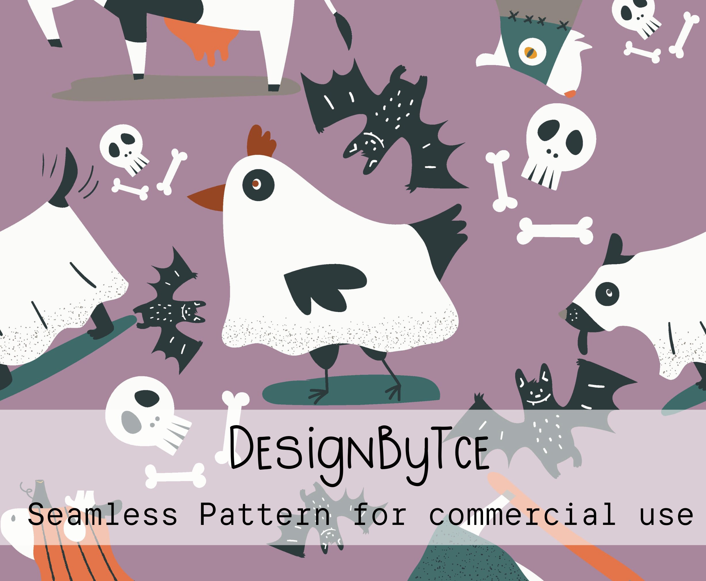 Boho Halloween Kids Chicken Ghost and Skeleton Seamless Pattern File for Fabric Printing Sublimation Design File