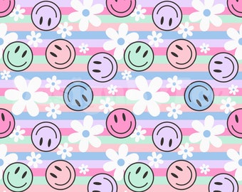 Summer Pastel Happy Face Seamless Pattern Files, White Daisies Fabric Printing Sublimation Custom Fabric File, Pastel Stripes Digital Papers