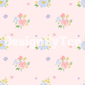 May include: A seamless pattern featuring pink, blue, and yellow flowers on a light pink background. The flowers are arranged in clusters and are surrounded by small, scattered flowers.