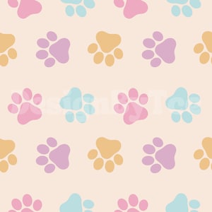 May include: A seamless pattern featuring pastel pink, blue, and yellow paw prints on a light beige background.