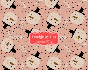 May include: A seamless pattern featuring a pink background with white snowmen, brown candy canes, and small brown dots. The text "DesignByTce Seamless Pattern" is in a red banner.