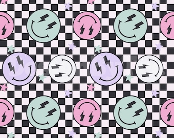 Pastel Thunder Happy Face Checkered Fabric Pattern (Digital Download)