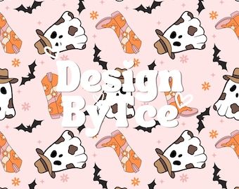 Seamless Pattern with Cowboy Ghost for Western Halloween Fabric Printing Sublimation for Handmade Clothes