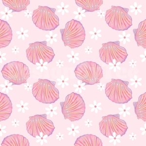 Daisy with Summer Seashells Seamless Pattern Files, Summer Girly Fabric Printing Sublimation Custom Fabric, Surface Pattern Digital Papers