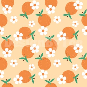May include: A seamless pattern featuring orange fruit and white flowers on a light orange background. The pattern is perfect for fabric, wallpaper, or wrapping paper.