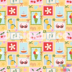 Puede incluir: Patrón repetitivo con ilustraciones de temática veraniega. El diseño incluye imágenes de conos de helado, veleros, gafas de sol, limones, cerezas y flores, sobre un fondo amarillo con un borde similar a un sello postal. La paleta de colores es brillante y alegre.