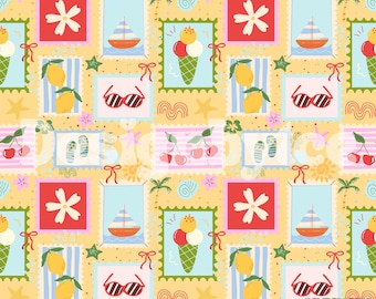 Funny Beach Stamp Seamless Pattern: Fabric Printing (Digital Download, RGB Color)