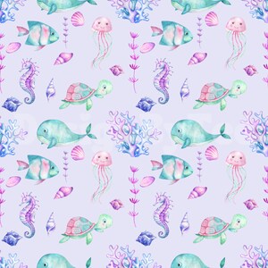 May include: A seamless pattern featuring watercolor illustrations of sea creatures on a light purple background. The pattern includes a whale, a turtle, a seahorse, a jellyfish, a fish, and coral.