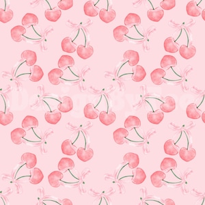 May include: A seamless pattern featuring pink cherries with pink bows on a light pink background.