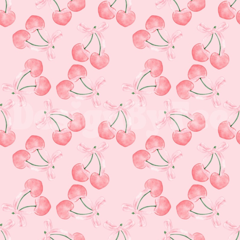 May include: A seamless pattern featuring pink cherries with pink bows on a light pink background.