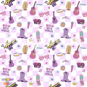May include: A repeating pattern featuring various Hannah Montana-themed illustrations. The design includes guitars, cowboy boots, sunglasses, microphones, cell phones, and the text "Best of Both Worlds" and "Rock Star". The background is a checkered pattern.