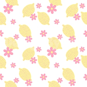 May include: A seamless pattern featuring yellow lemons with pink polka dots and pink flowers on a white background.