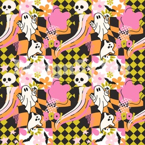 May include: A seamless pattern featuring a retro-inspired design with ghosts, skulls, bats, flowers, and stars. The pattern is in a checkered pattern with pink, orange, yellow, and black colors.