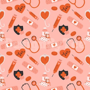 Valentine Nurse and Medical Stethoscope Seamless Pattern Files for Valentines Day Fabric Sublimation Printing Custom Fabric Design File