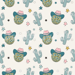 Howdy roze discobal en bloemencactus naadloze patroonbestanden voor cowboystof sublimatie printstof ontwerpbestand
