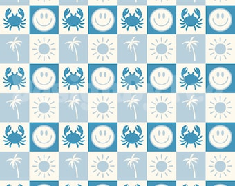Crab and Happy Face Fabric Pattern: Summer Boys Design (Digital Download)